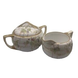 Vintage Nippon Sugar & Creamer Set White‎ & Gold Hand Painted Grapes Vines